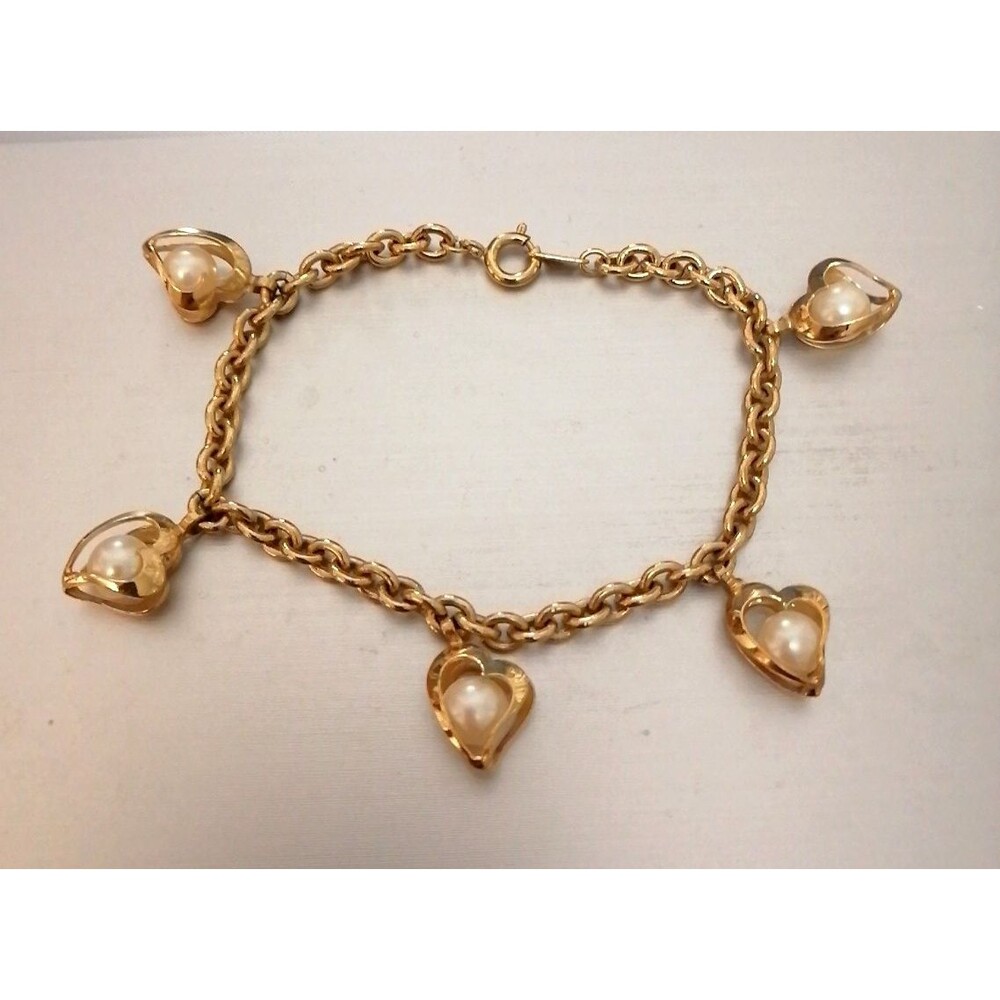 Vintage Heart Caged Pearl Dangle Bracelet Gold Tone